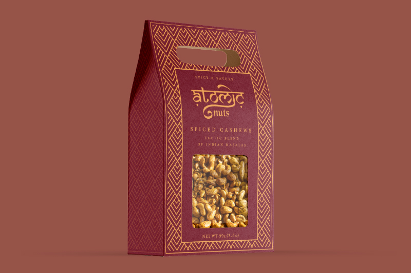 packaging design for Atomic Nuts that features bag with spiced cashews inside