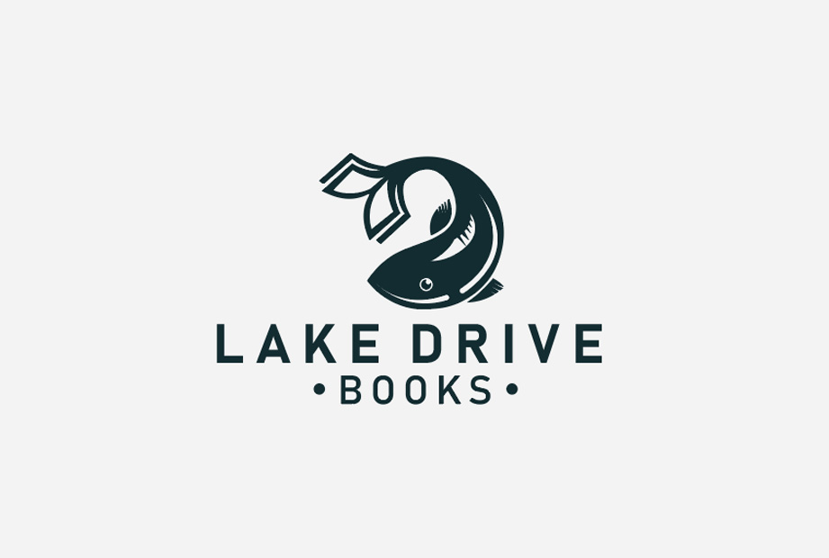 lakedrive books logo with book finned fish